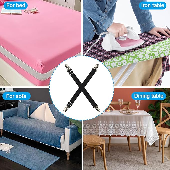 Premium Adjustable Bed Sheet Clips with Elastic Straps and Clips for Securely Holding Sheets in Place, Fits Mattresses from 20" to 79"(Black)