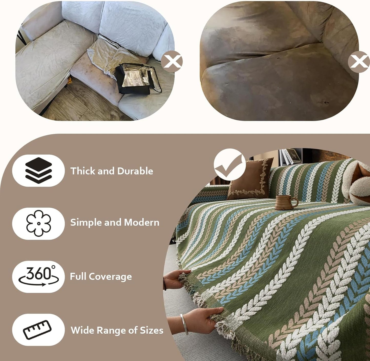 STACYPIK Thick Jacquard Green Couch Cover, Washable Sofa Cover for 2 Cushion Couch, Washable Chenille Couch Cover Blanket, Multi-use Sofa Protector Slipcover, Furniture Protector Pet-Friendly-71X118IN