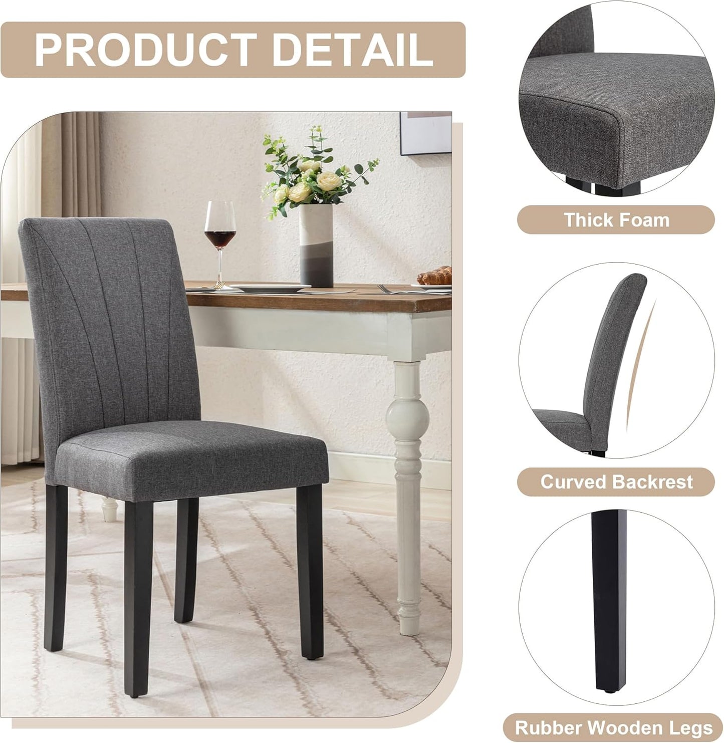 VECELO Upholstered Dining Chairs Set of 2, Modern Fabric and High Back & Solid Wood Legs, Parsons for Kitchen/Living Room- Dark Gray