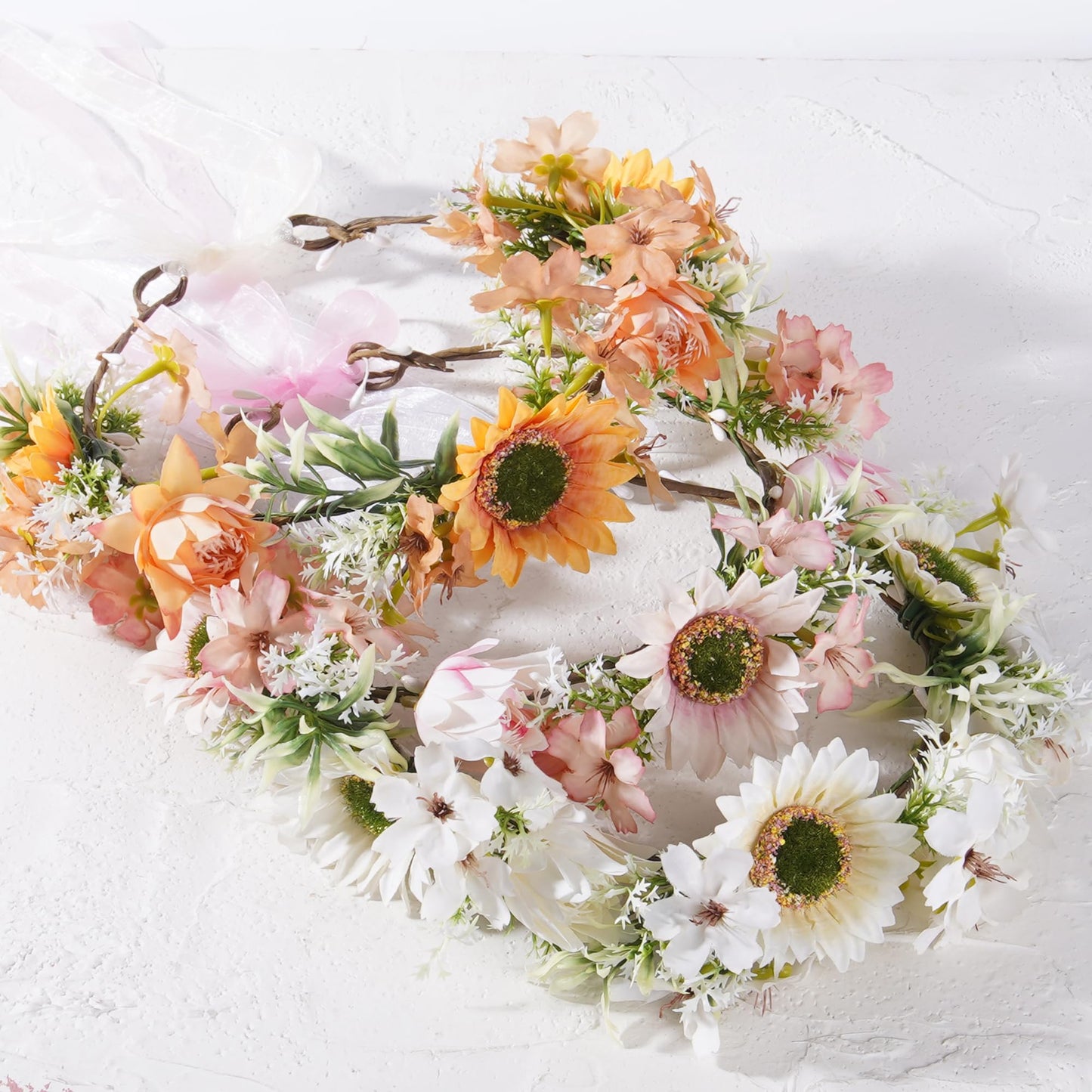 KorViSHOW Pink Sunflower Flower Crown Headband, Artificial Fairy Daisy Floral Headpiece, Adjustable Fairy Woodland Headband for Women Girls Renaissance Birthday Bride Wedding Party Hair Accessories