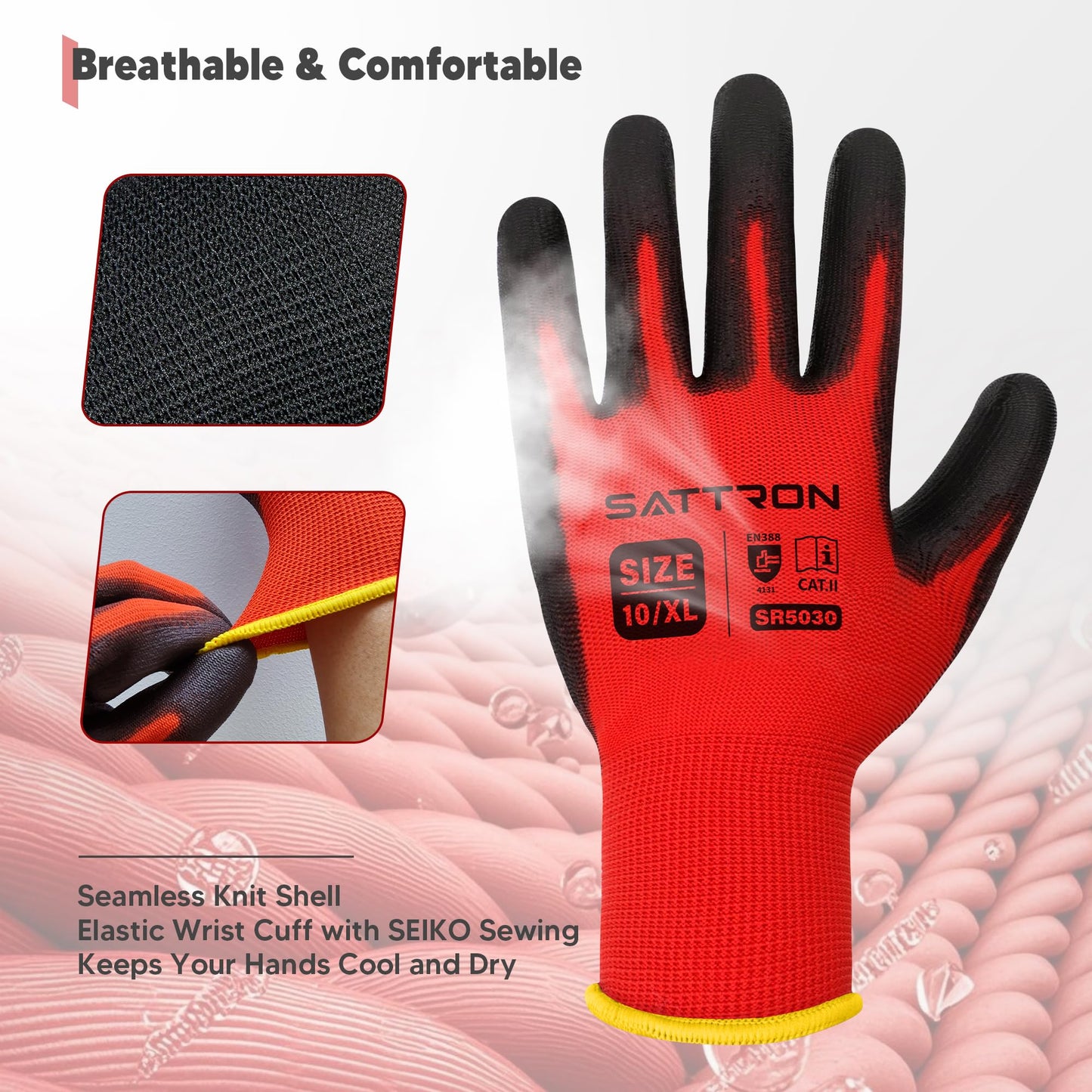 SATTRON Safety Work Gloves PU Coated, 12 Pairs Seamless Knit Gloves with Polyurethane Coating Working Gloves Excellent Grip for Men & Women, Breathable, Ideal for General Duty Work DIY (Red, Small)