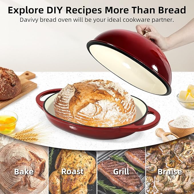 Davivy 6QT Oval Cast Iron Dutch Oven with Domed Lid, Bread Dutch Oven for Sourdough Bread Baking, Enameled Oval Sourdough Bread Loaf Pan 6QT, Bread Cloche Sourdough Pan with Lid - Ruby Red
