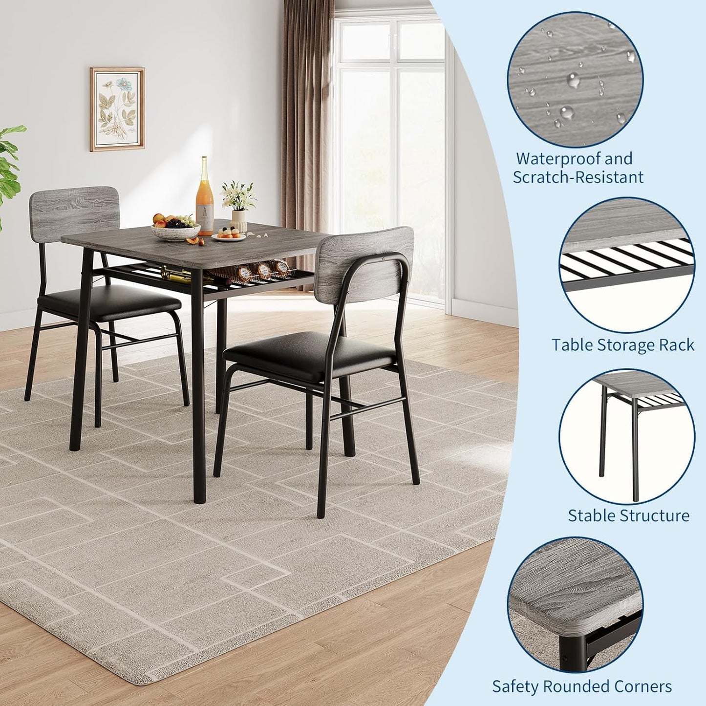 GAOMON 3-Piece Dining Table Set for 2, Wood Kitchen Table Set with Built-in Storage Rack,Small Kitchen Table with Upholstered Chairs and Metal Frame for Small Spaces,Gray