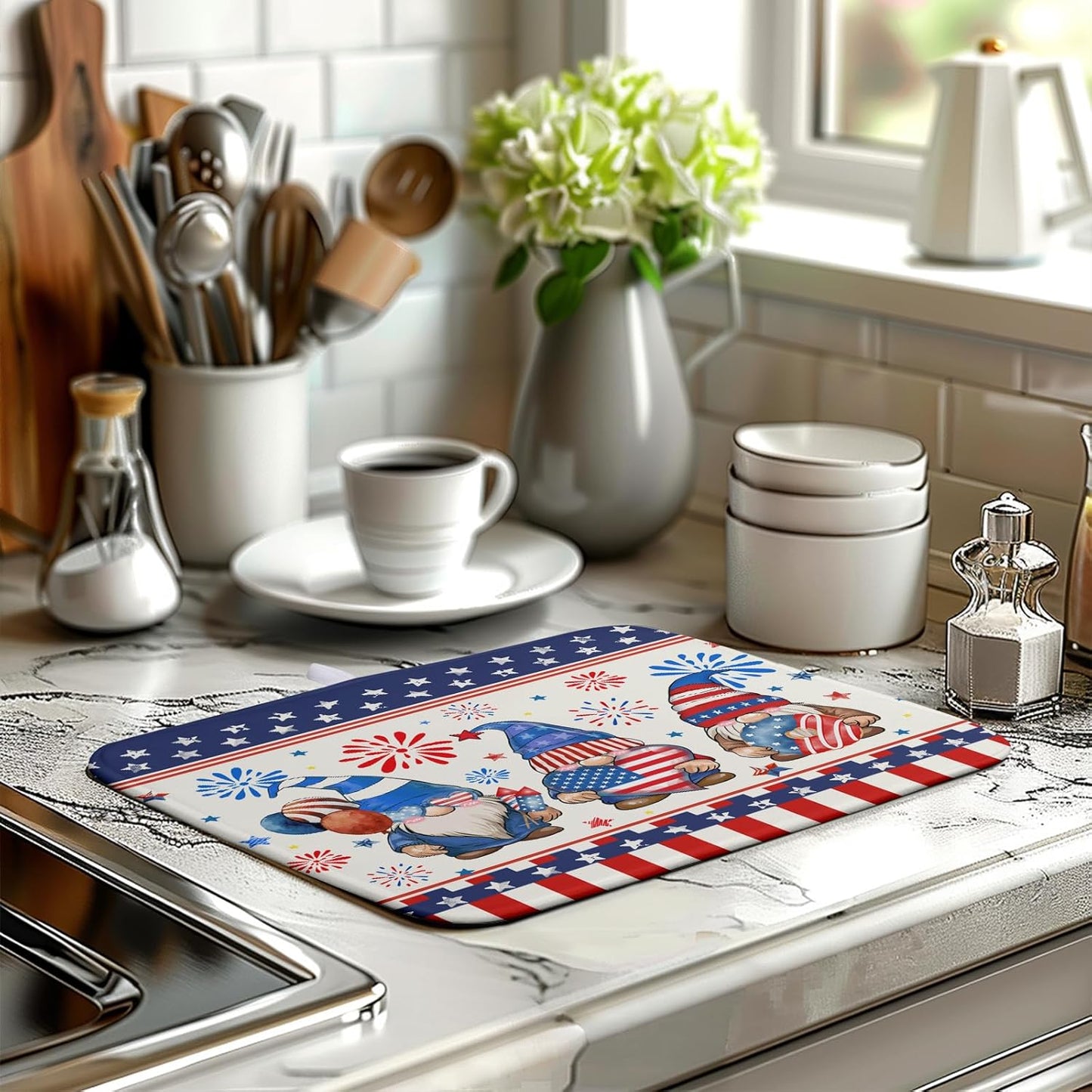 Patriotic Gnome Drying Mat 16x18 Inch American Memorial Day Independence Day Microfiber Dish Drainer Super Absorbent Dish Rack Mat for Kitchen Counter Holiday Decor