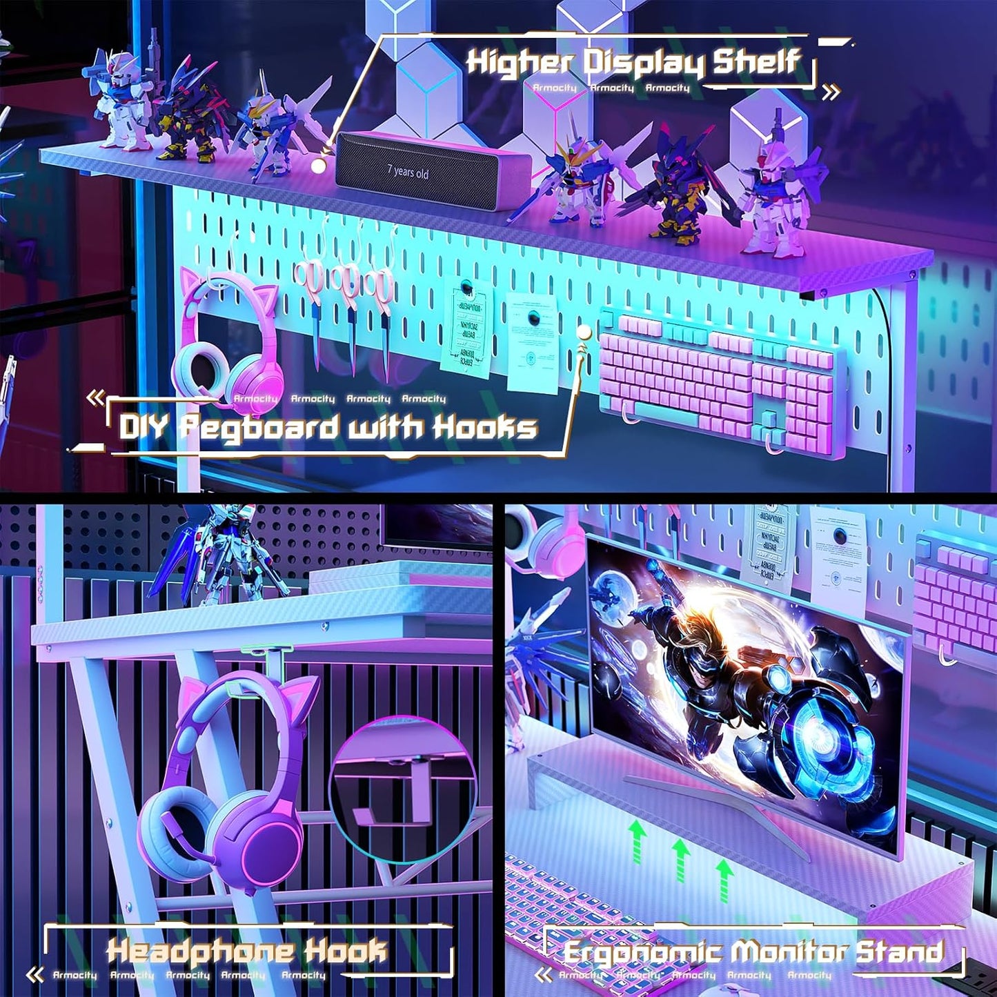 Armocity Gaming Computer Desk with Power Outlets, Gaming Desk with Hutch and LED Lights, Reversible PC Gaming Desk with Pegboard, Carbon Fiber White, 47"