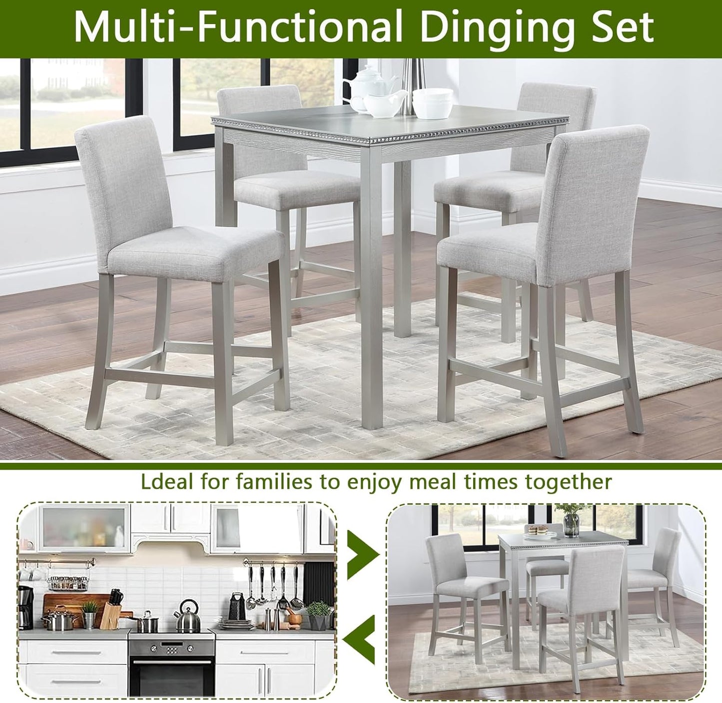 KEIKI 5-Piece Counter Height Dining Table Set with Square Table and 4 Upholstered Chair, for 4 Person, Classic Crystal Decoration Wooden Table Set, Easy Assembly, for Kitchen, Dining Room, Silver Grey
