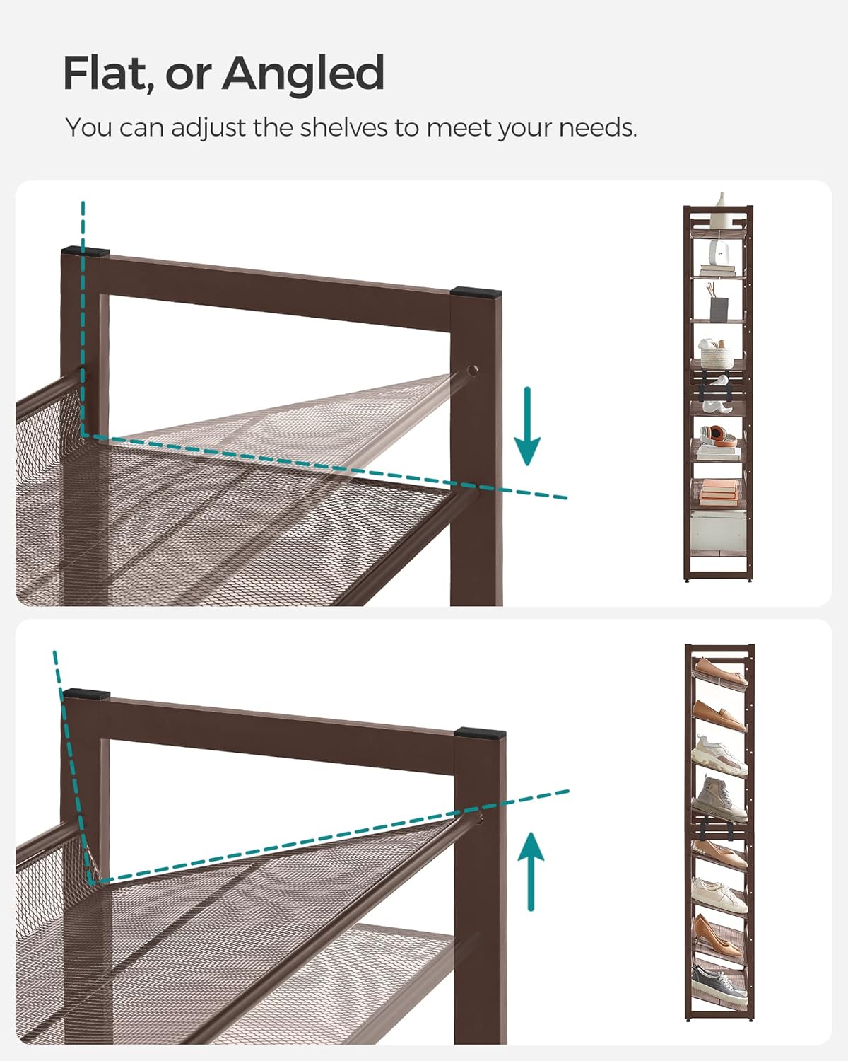 SONGMICS Shoe Rack, 8-Tier Shoe Organizer, Metal Rack for Garage, Set of 2, 4-Tier Stackable Shelf, with Adjustable Flat or Angled Shelves, 32-40 Pairs, Bronze ULMR08A