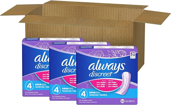 Always Discreet Adult Incontinence Pads for Women, Moderate Absorbency, Regular Length, Postpartum Pads, 198 Count (3 Packs of 66)
