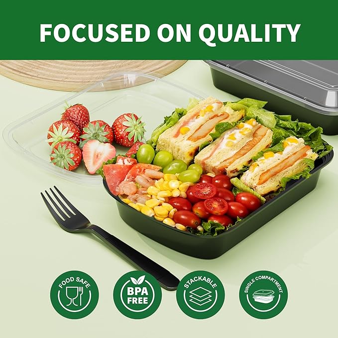 Meal Prep Containers, 50 Pack 38oz (100-Piece) Disposable Take Out Food Storage Containers with Leakproof Lids, Large Plastic To Go Lunch Boxes, BPA Free, Microwave/Dishwasher/Freezer Safe