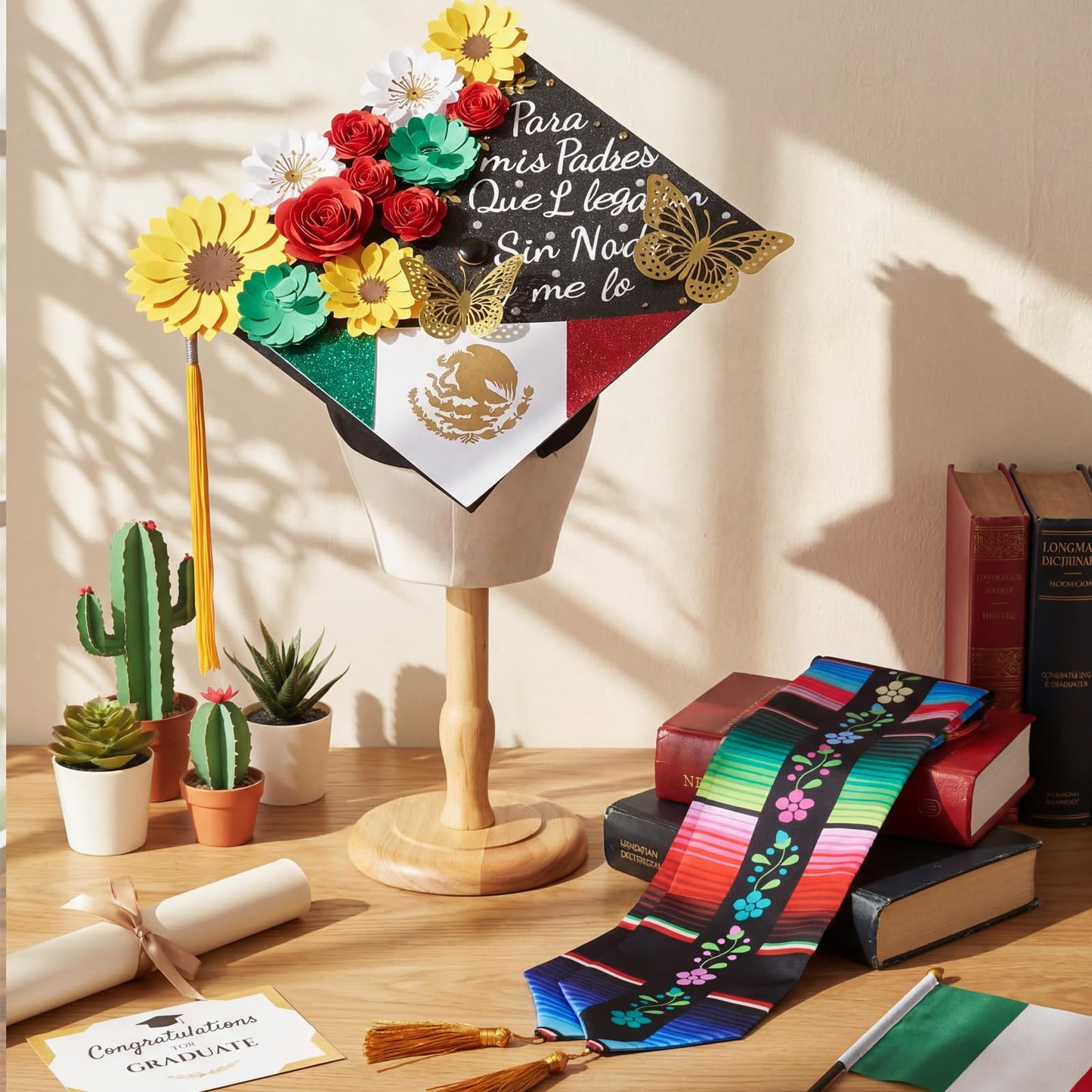 Gersoniel 44 Pcs DIY Graduation Cap Decorations Kit 2026 Mexican Graduation Stole Sash Flower Heads 3D Butterfly Stickers Glitter Rhinestones Pearl Stickers Alphabet Letter Number Grad Cap Topper Gift