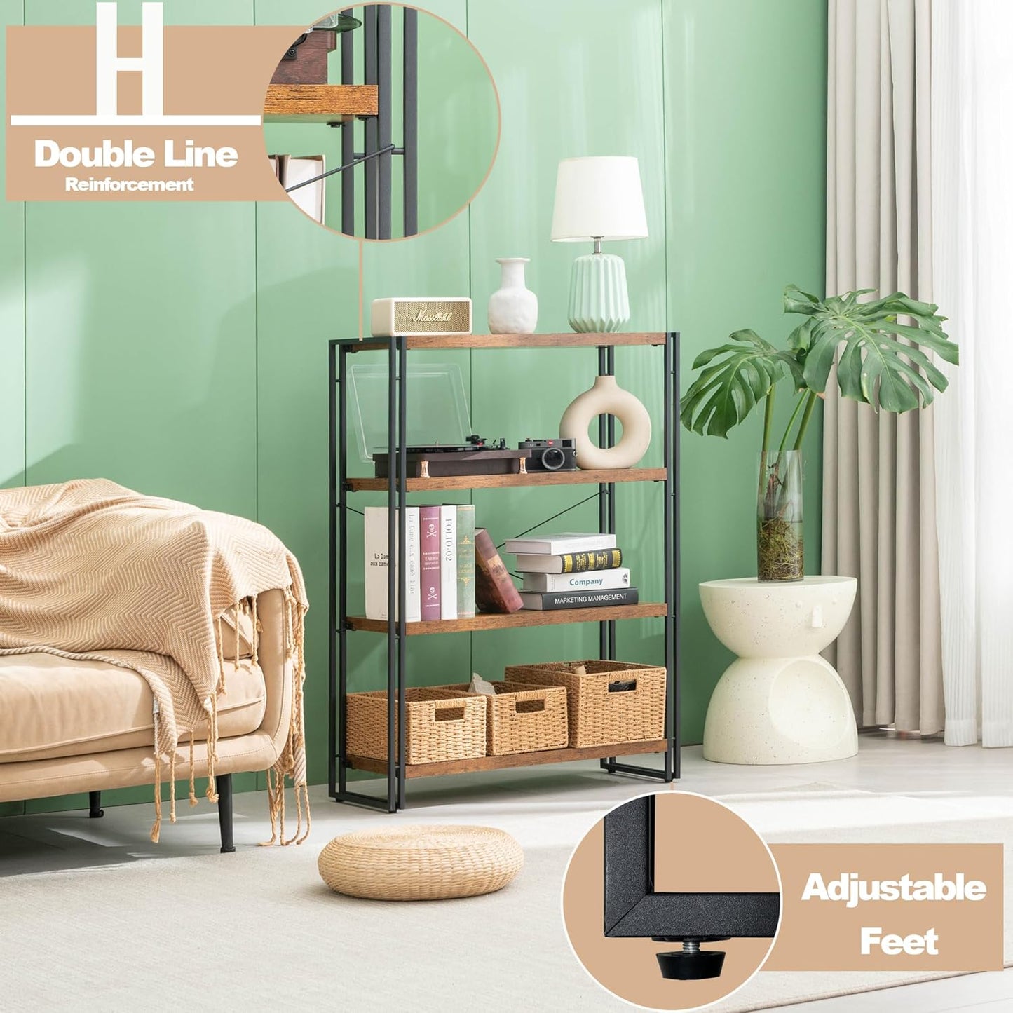 HCHQHS Bookshelf, 4-Tier Industrial Bookcase, Rustic Open Book Shelf, Freestanding Tall Bookshelves with Metal Frame