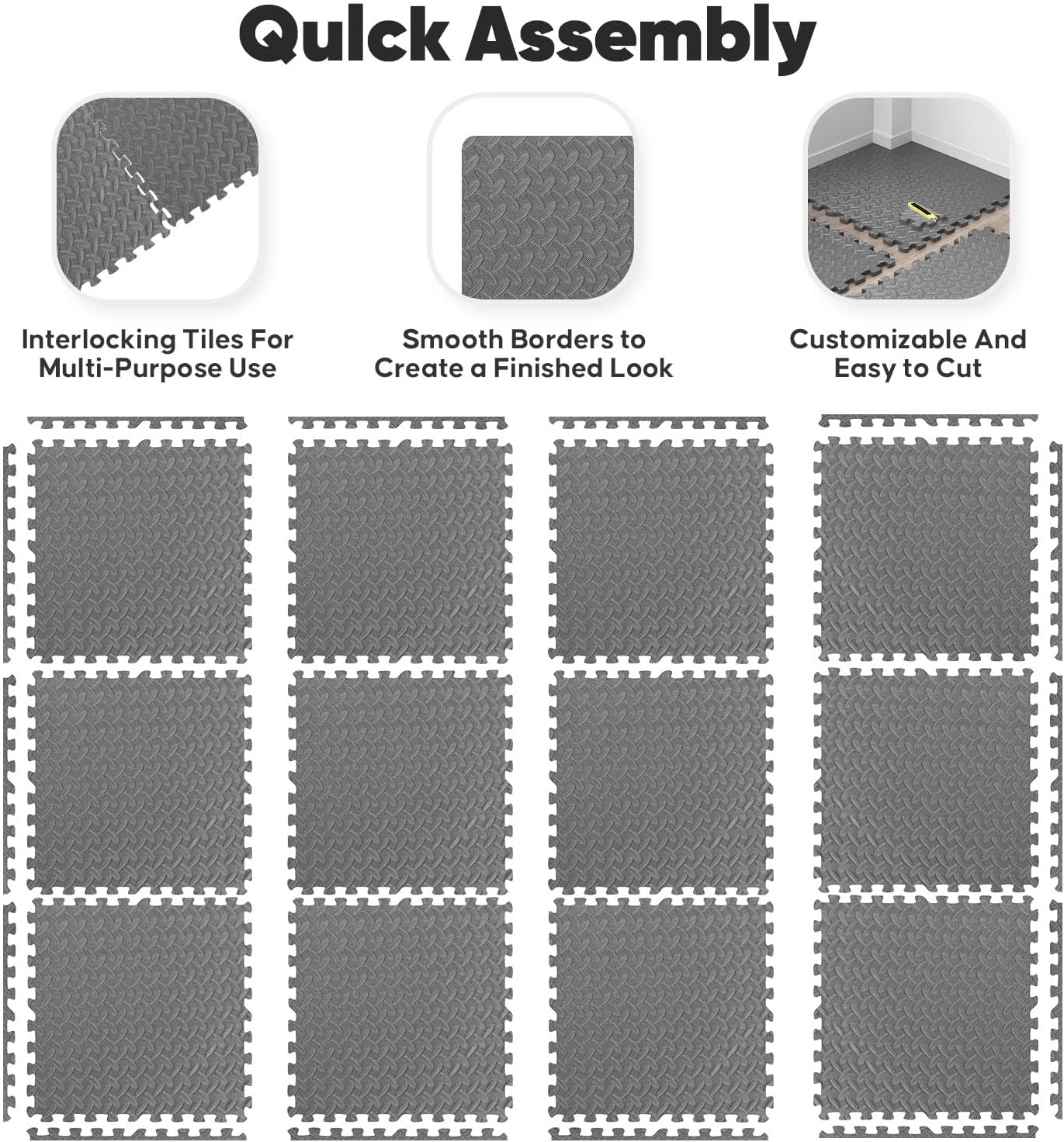 Home Gym Mat, Puzzle Exercise Mat, EVA Interlocking Foam Floor Tiles for Home Workout Equipment and Kids' Play Areas - Grey, 24 in x 24 in x ½ in - 16 Tiles (Grey, 16 Pack, 64 SQ FT)