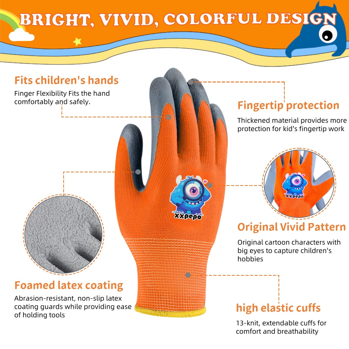 xxpepo 3 Pairs Kids Gardening Gloves. Children & Toddler Outdoor Work Gloves. Flex Rubber Coated Protect Little Hands.Gift Box for Age 6 to 8,Medium