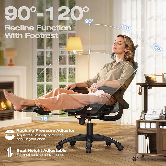 ELABEST X100 Ergonomic Mesh Office Chair with Footrest, Big and Tall Hone Desk Chair with 5D Flip-Up Arms, Adjustable 3D Lumbar Support,Gaming & Executive Computer Chairs for Long Hours