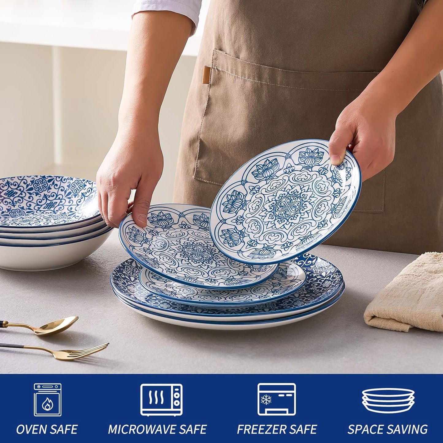 Bestone Porcelain Dinnerware Sets Service for 4, 12 pcs Hand drawn Plates and Bowls Sets, Handmade Ceramic Dish Set, Chip Resistant Modern Plate Set, Dishwasher/Microwave Safe,Vintage Blue