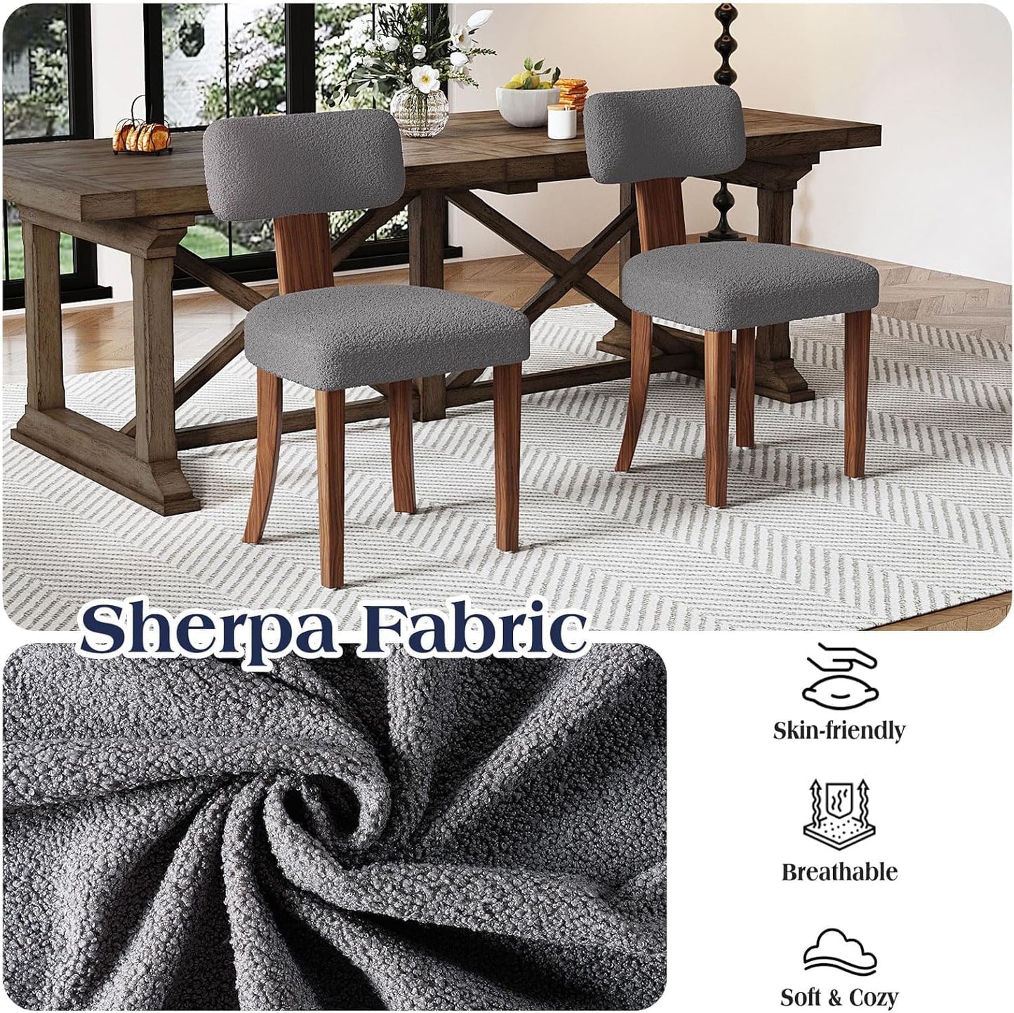 Farmhouse Chair Set of 2, Mid Century Modern Dining Chairs, Sherpa Upholstered Kitchen Chairs with Curved Backrest & Adjustable Legs for Living Room/Bedroom, Easy to Install, Grey Sherpa