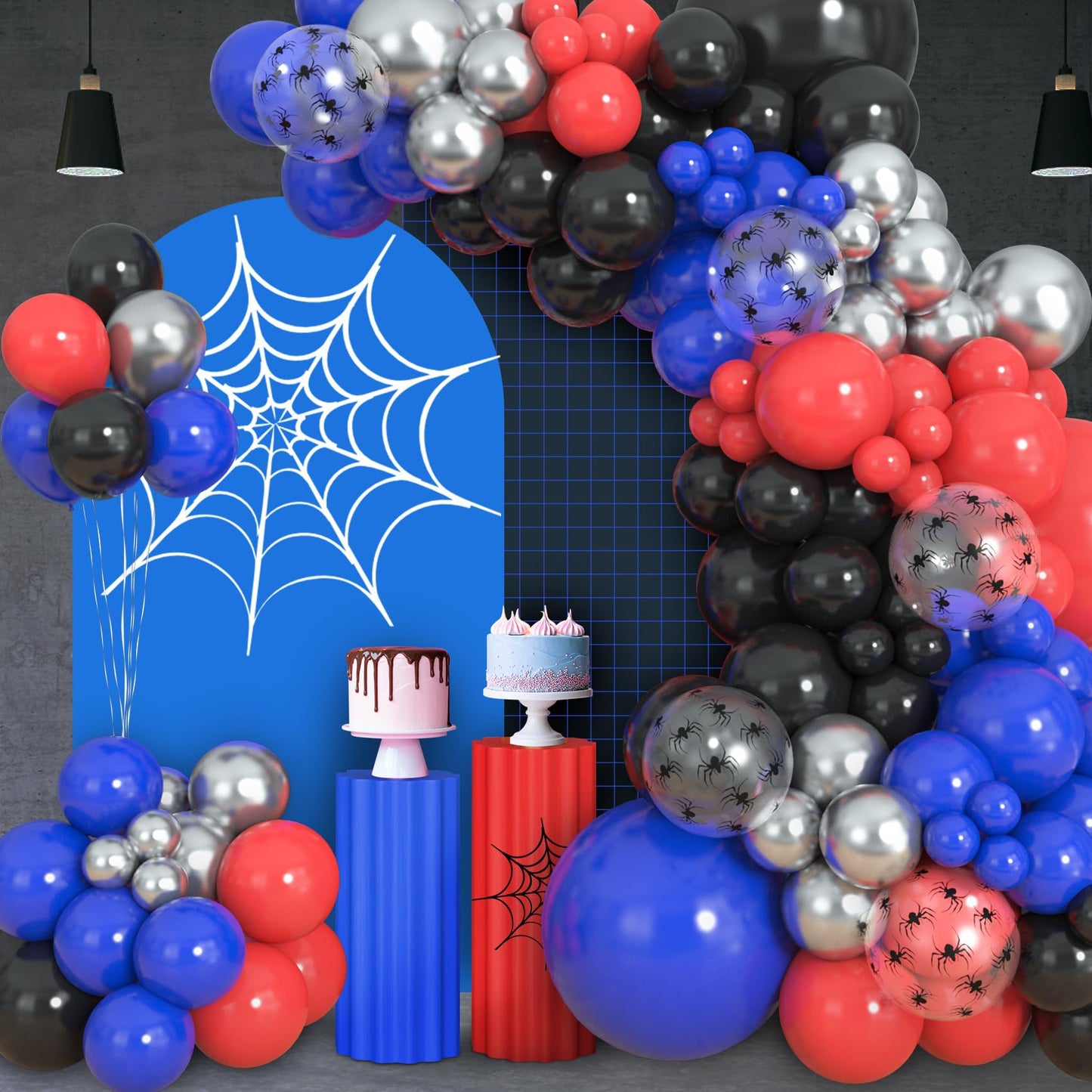 Amandir 153pcs Black Red Blue Balloon Arch Garland Kit, Different Sizes 18 12 10 5 inch Red Blue Sliver Spider Balloons for Boys Spider Theme Birthday Party Decorations