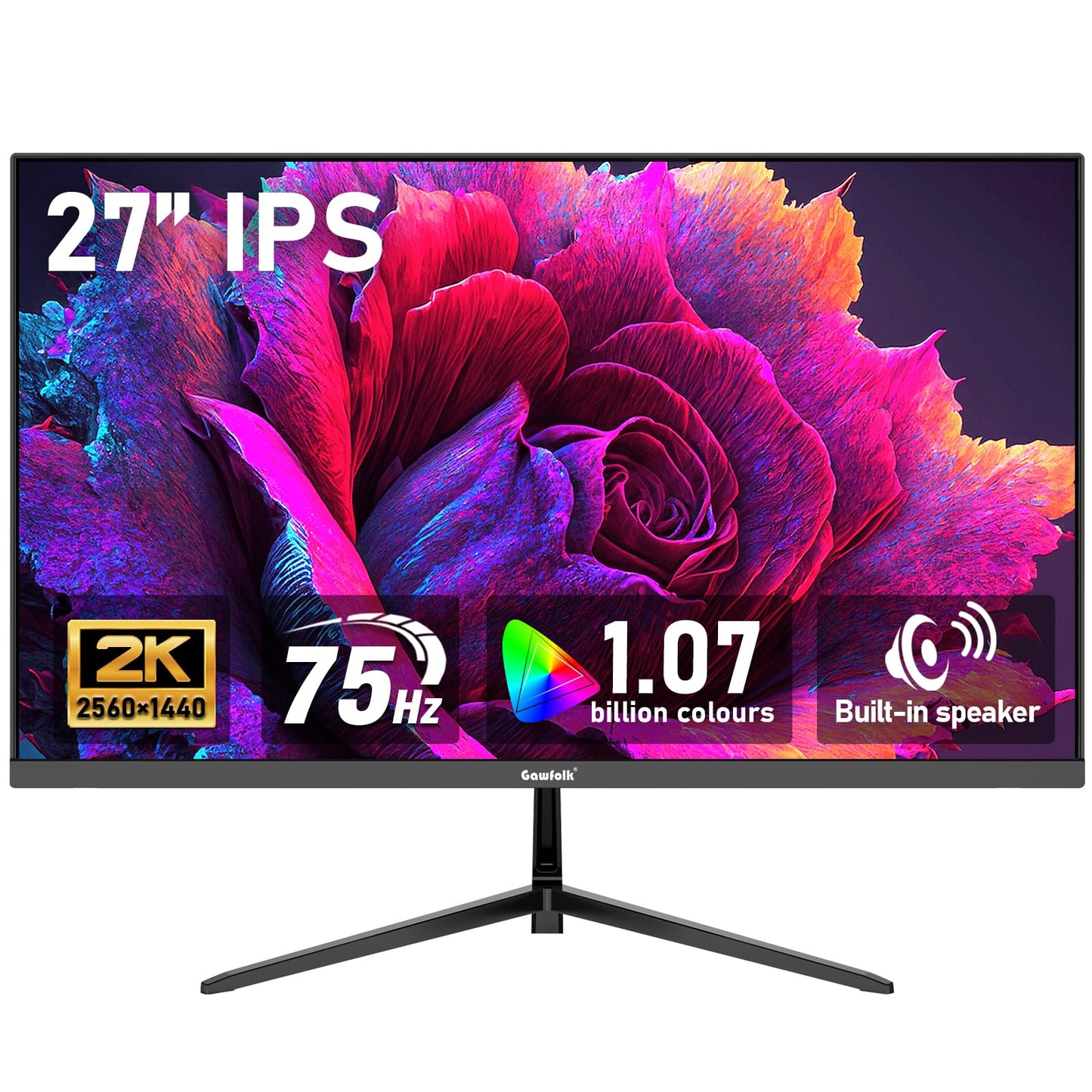 Gawfolk 27 inch IPS 2K QHD (2560 1440) Computer Monitor 75Hz Gaming PC Screen, 1ms,Adaptive Sync,100% sRGB, 1.07 Billion Colour