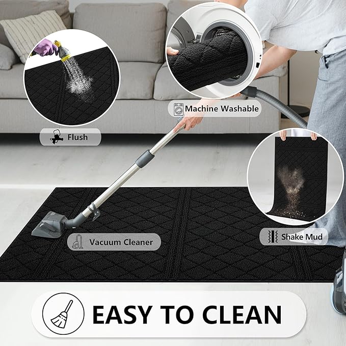 REFETONE Indoor Doormat, Front Back Door Mat 36"x60" Absorbent Rubber Backing Non Slip Door Mats, Low-Profile Resist Dirt Entrance Rugs, Machine Washable Door Rugs Inside Floor Mat for Entryway, Black