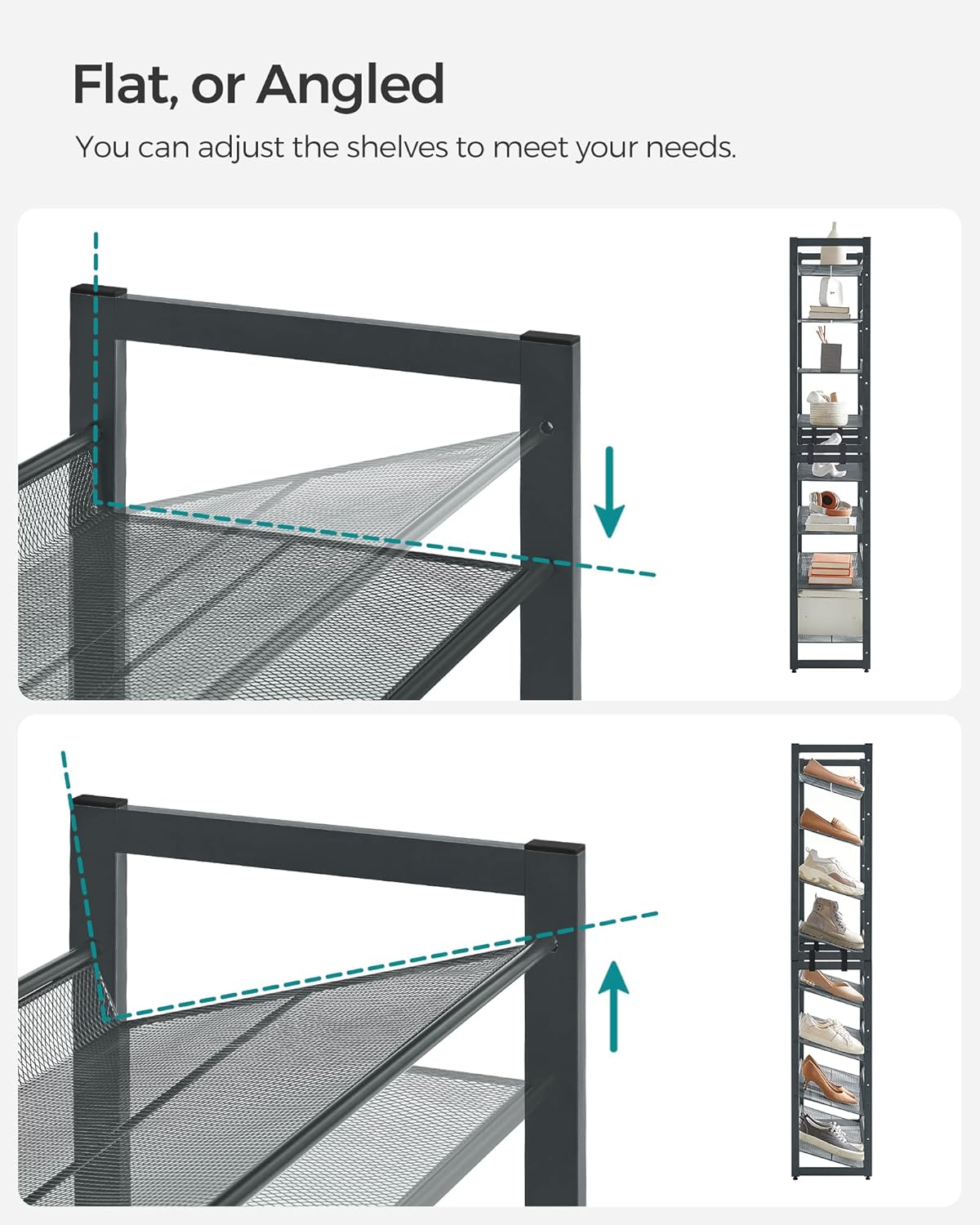 SONGMICS Shoe Rack, 8-Tier Shoe Organizer, Metal Rack for Garage, Set of 2, 4-Tier Stackable Shelf, with Adjustable Flat or Angled Shelves, 32-40 Pairs, Charcoal Gray ULMR08GB