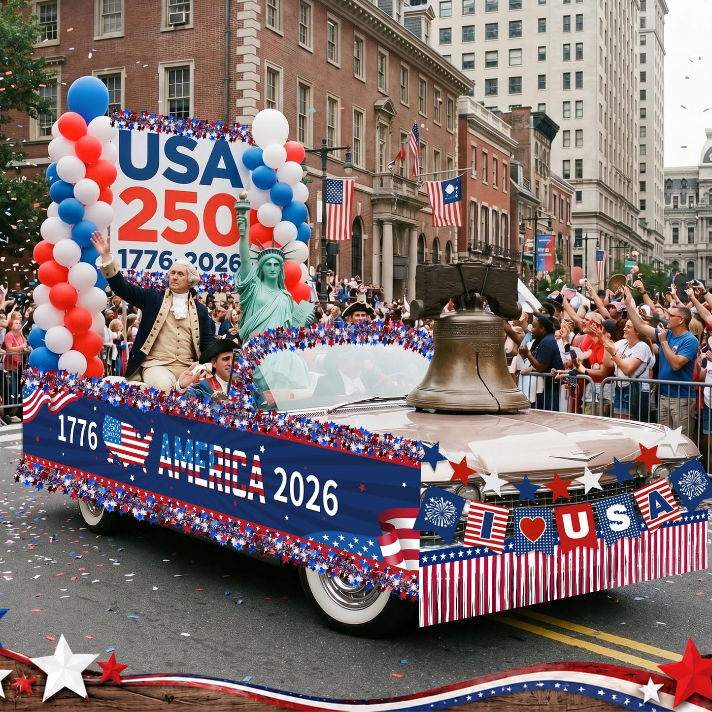 Ceenna 250th Anniversary Parade Float Decor Kit America 1776-2026 250 Years Patriotic Party Supplies with USA Banner Garden Flag Foil Fringe Tinsel Garlands for 4th of July Independence Memorial Day