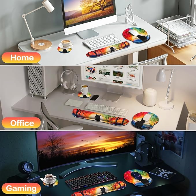 Mouse Pad with Wrist Rest Cute Black Cat Set,Qomolama 3-in-1 Wrist Support Mouse Pad Set,Gaming Mousepad with Anti-Skid Base,Ergonomic Mouse Pad,Memory Foam Keyboard Gel Wrist Rest Anime
