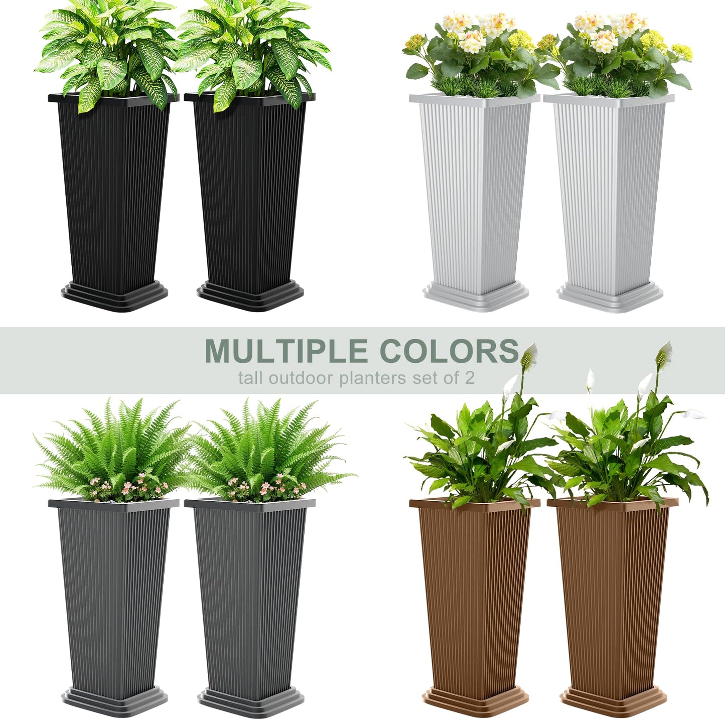 PolarcoForgeco Tall Outdoor Planters Set of 2, Large Flower Pots for Indoor Plants, 24 Inch Large Outdoor Planter for Front Porch, with Drainage Tray (Gray Ribbed)