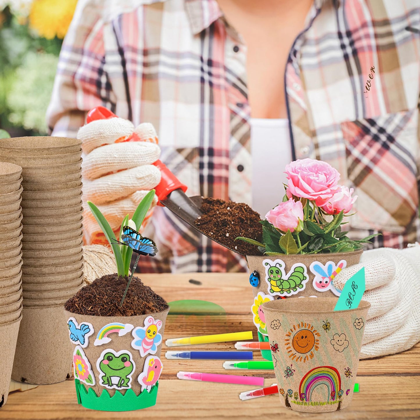 Aweyka 60 Pack Garden Paper Pot Craft Kit Flower Plant Spring Summer Craft with 50 Adhesive Foam Stickers 60 Paper Mache Pots Label Pens, Flower Planting Growing Kit Science Garden Gift