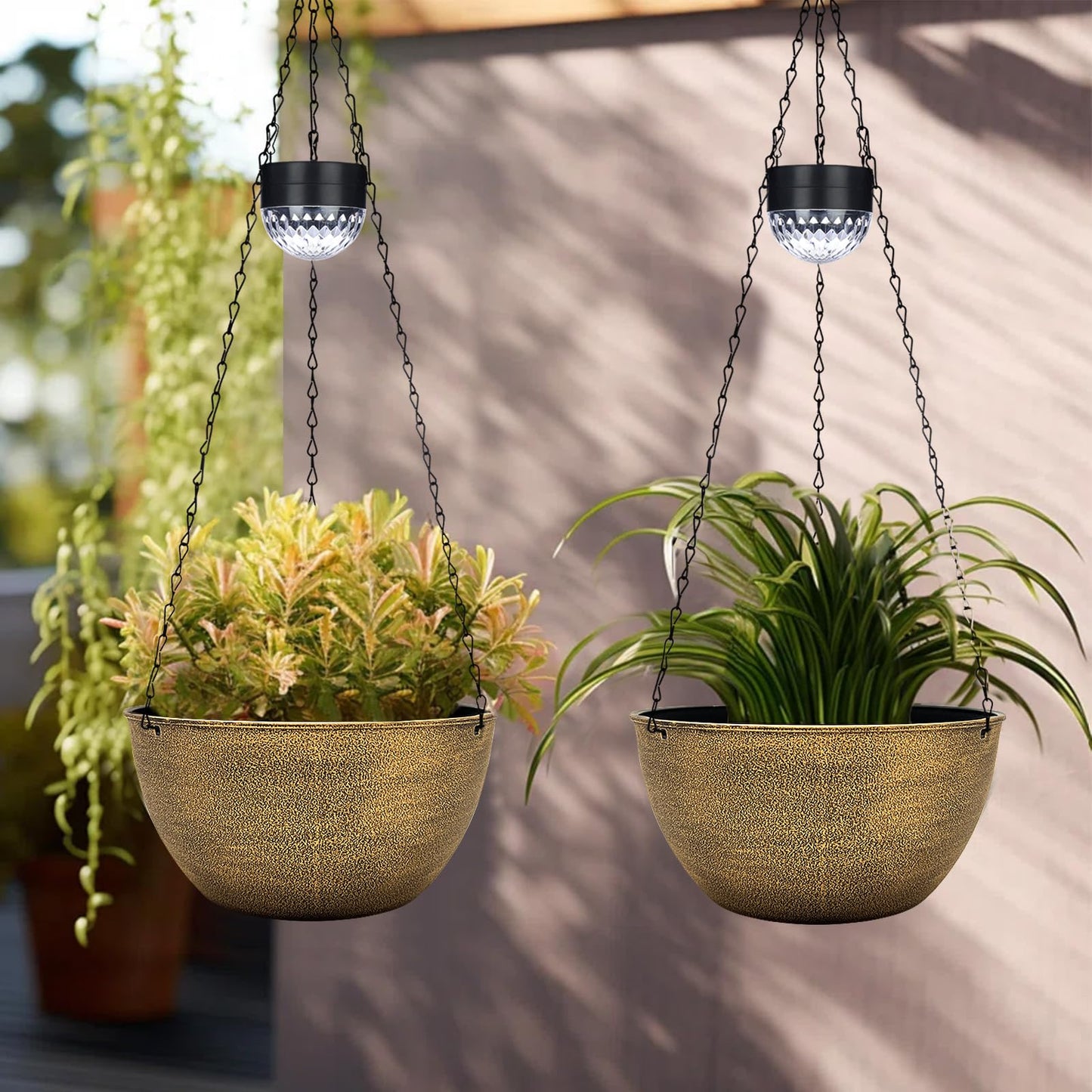 BAYN 2 Packs Solar Hanging Basket Planters for Plants Outdoor, Self Watering Copper Flower Plants Pots with Solar Light Drainer for Balcony Patio Garden Outdoor Decoration
