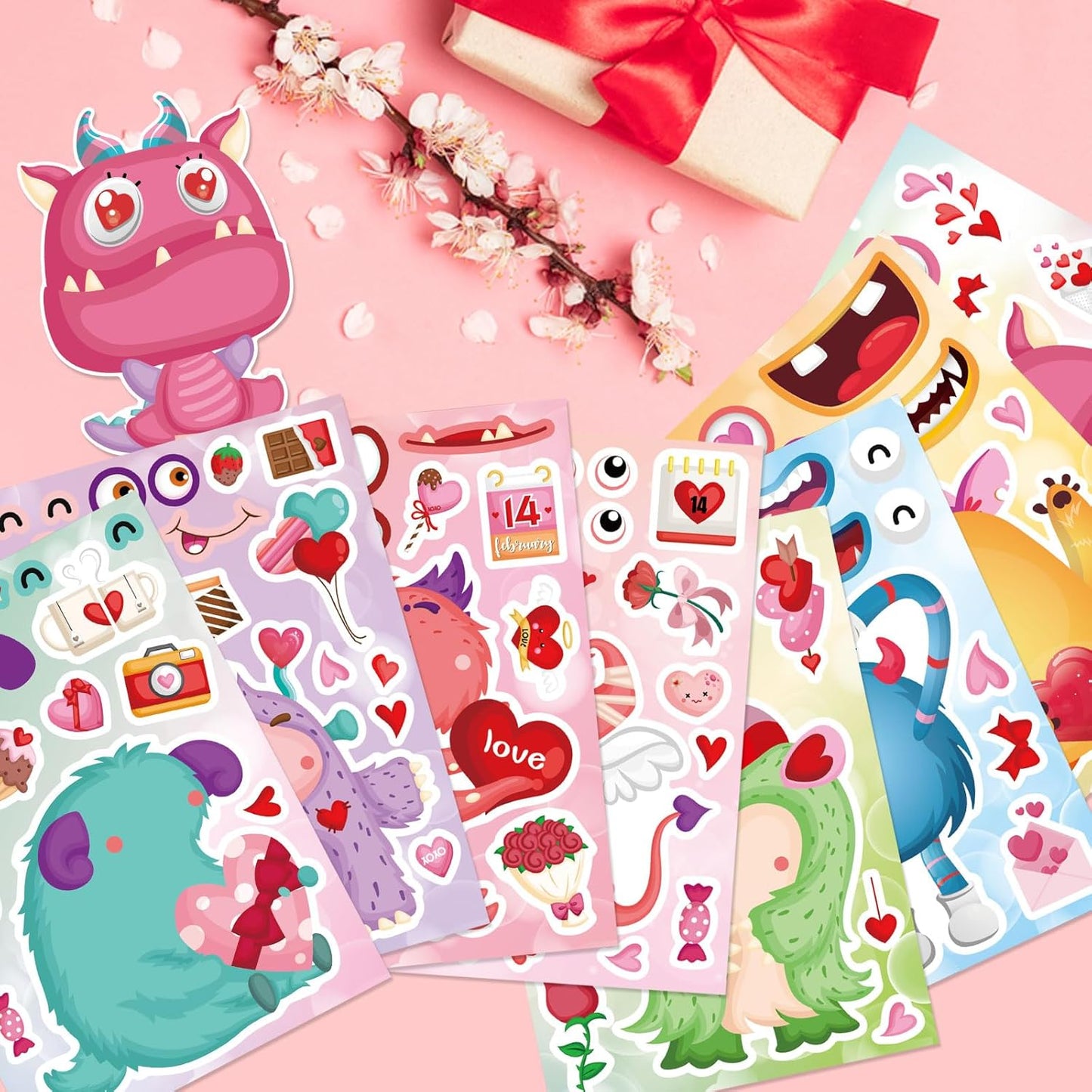 DUJAA Make a Monster Face Stickers 24PCS Valentine's Day Stickers for Kids, Monster Theme Crafts Party Game School Classroom Reward Gift