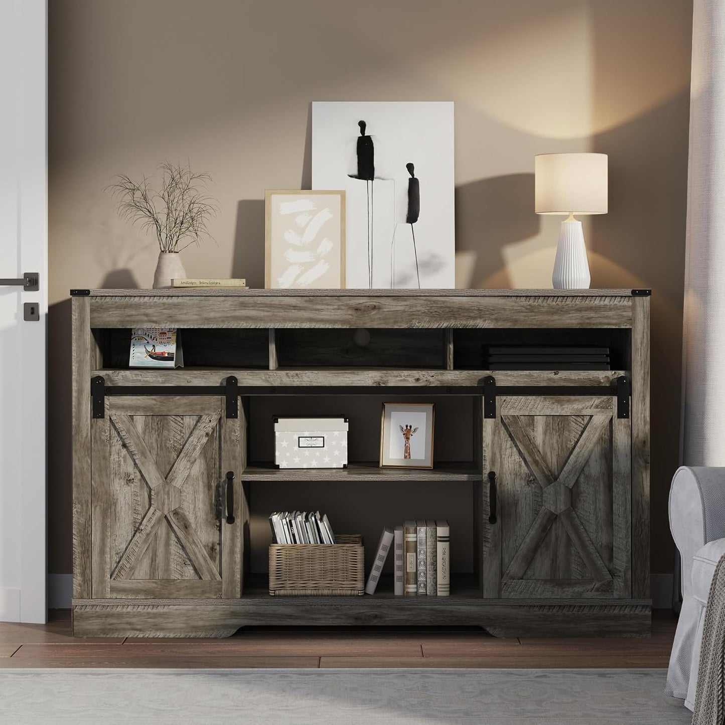 RoyalCraft Farmhouse TV Stand for 23" Electric Fireplace, 34'' Tall Entertainment Center for 65+ Inch TV, 34" Tall Rustic TV Console with Sliding Bar Door for Living Room (Light Grey)