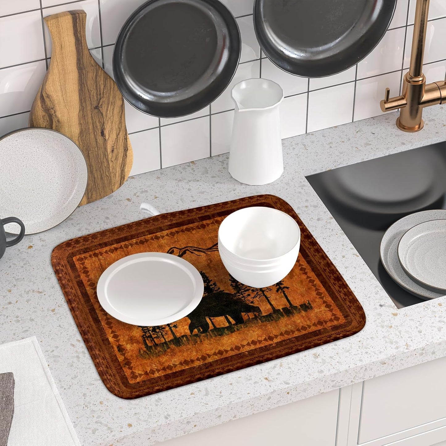 Forest Bear Dish Drying Mat 16x18 Inch Rustic Cabin Washable Microfiber Absorbent Dishes Drainer Rack Pad for Kitchen Counter Home Decor