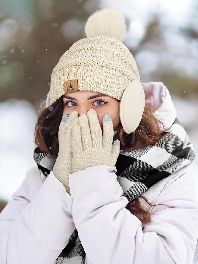 Winter Hat Scarf Gloves and Ear Warmer, Knit Warm Beanie Hat Touch Screen Gloves Long Knitted Plaid Scarf Set Gifts for Women