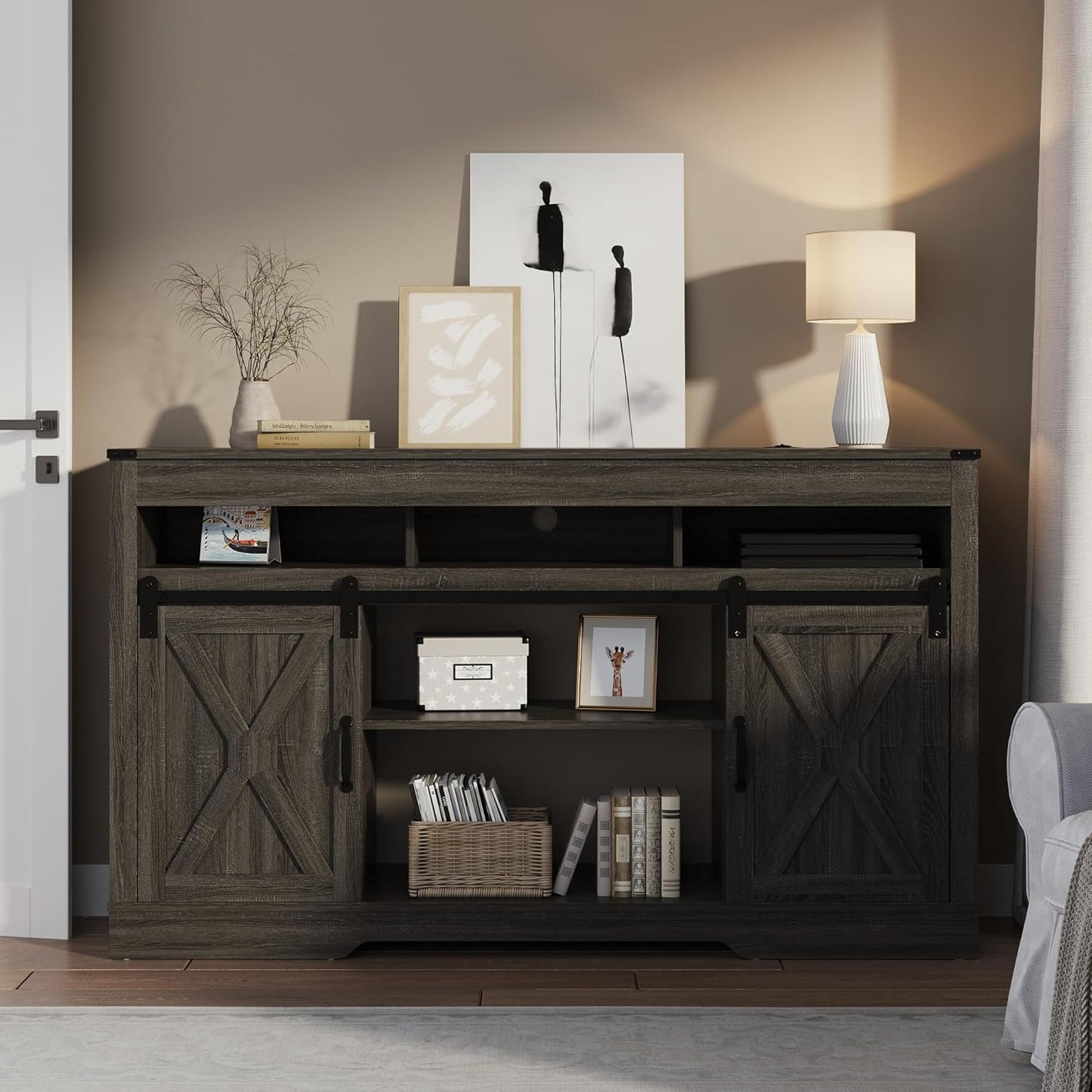 RoyalCraft Farmhouse TV Stand for 23" Fireplace, 34'' Tall Entertainment Center for 65+ Inch TV, 34" Tall Rustic TV Console with Sliding Bar Door for Living Room, Dark Grey