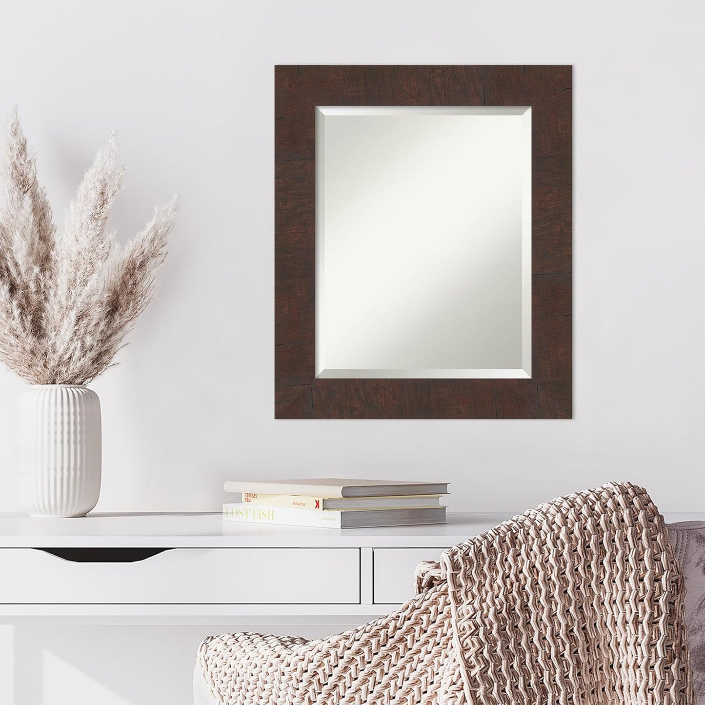 Amanti Art Brown Wall Mirror 25x21 Wildwood Brown Rectangle Bathroom Mirror for Wall Decor Living Room, Small Rustic Farmhouse Frame, Hangs Horizonally and Vertically, Bathroom Decor, Beveled Edge