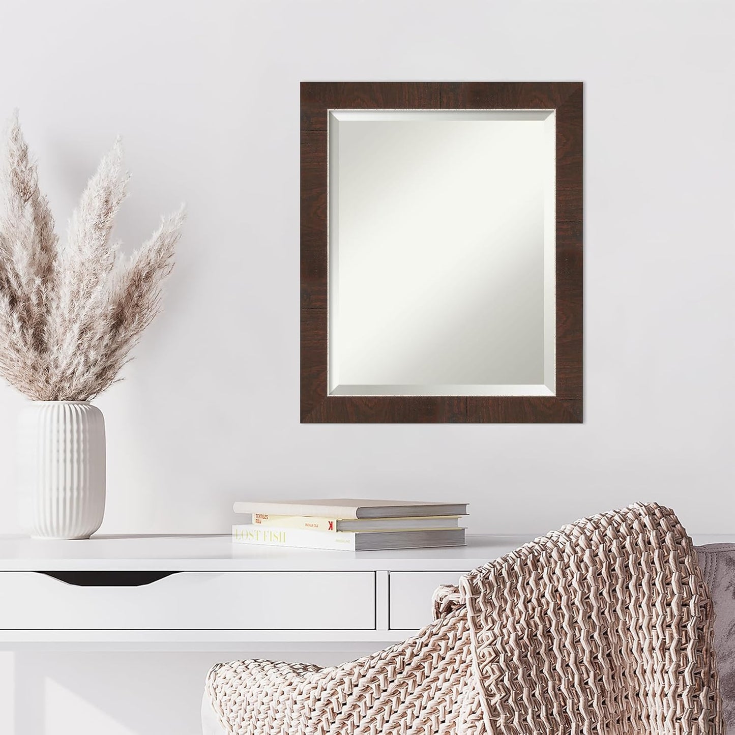 Amanti Art Brown Wall Mirror 23x19 Wildwood Brown Narrow Rectangle Bathroom Mirror for Wall Decor Living Room, Small Rustic Farmhouse Frame, Hangs Horizonally and Vertically, Bathroom Decor, Beveled