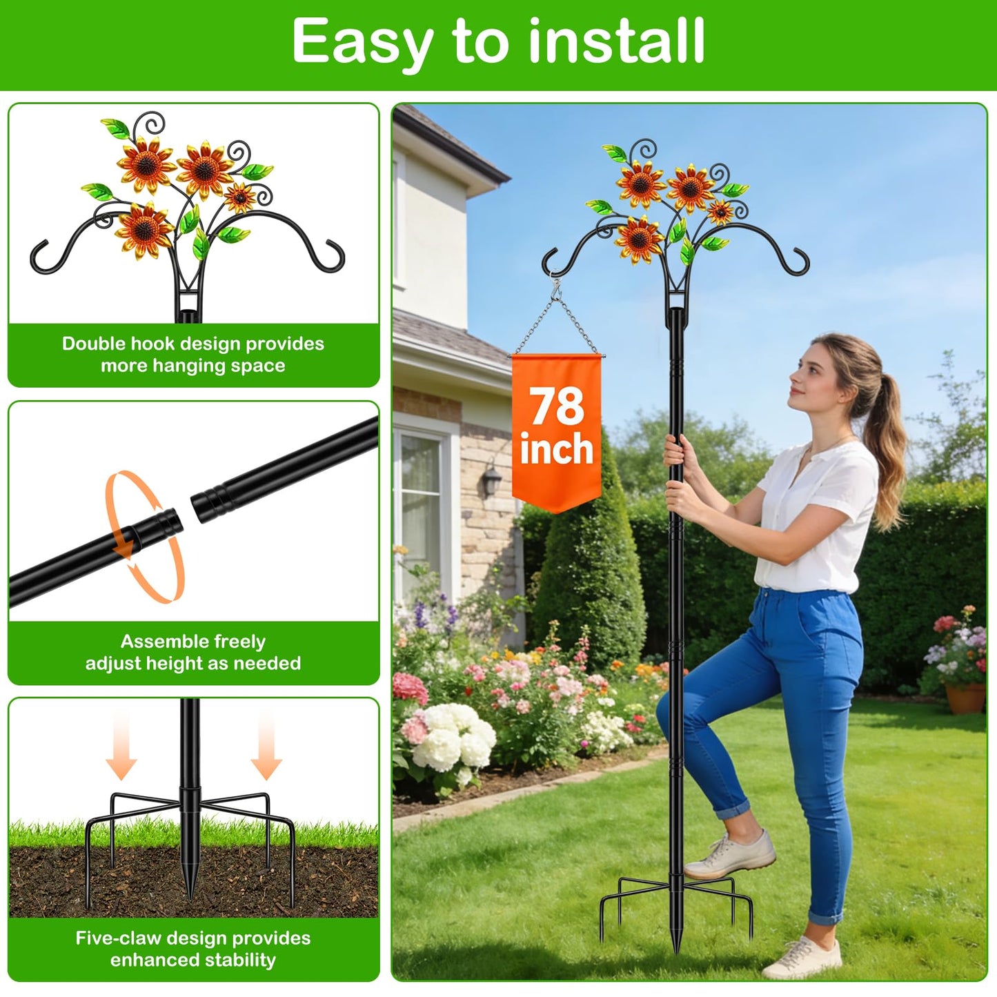 Double Shepherds Hooks for Outdoor, 1 Pack 78 Inch Bird Feeder Pole with 5 Prongs Base, Adjustable Heavy Duty Plant Hangers Sunflower Art for Outdoor Plants Hummingbird Feeder Hanging Basket Lantern