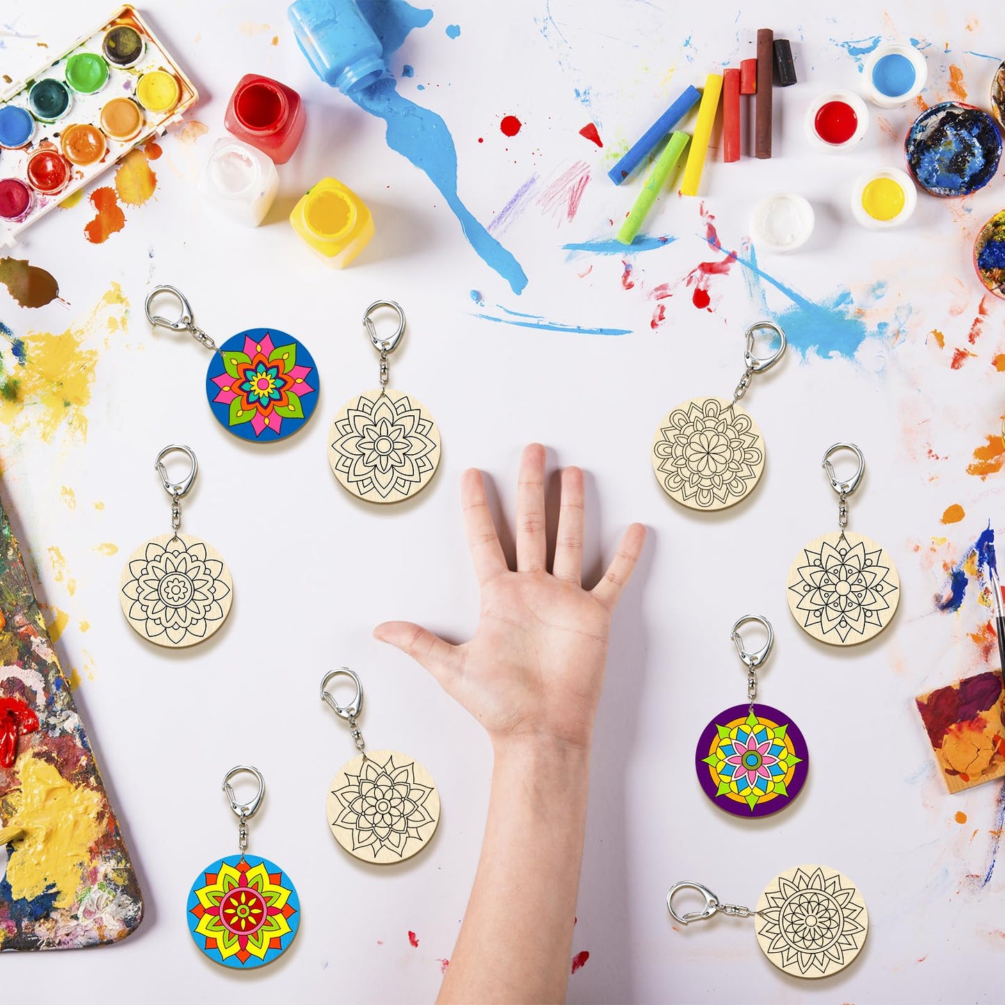 RattanView 24 Pcs Mandala Craft Color Your Own Keychains DIY Craft Wooden Blank Keychains for Sunday School Classroom Home Active Party Favors Gifts, 12 Styles