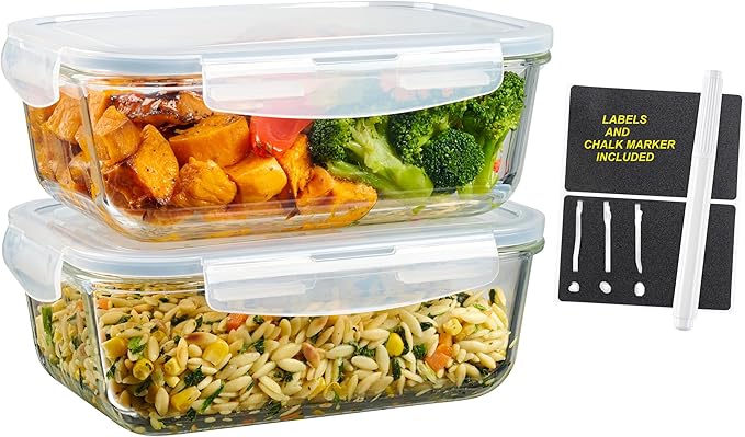 4pc Set - 8 Cup / 64oz Large Glass Food Storage Containers with Lids Airtight Meal Prep Container with Lid Lock - Freezer Microwave & Oven Safe Clear Lunch Bowl Stackable Baking Pantry Organizer