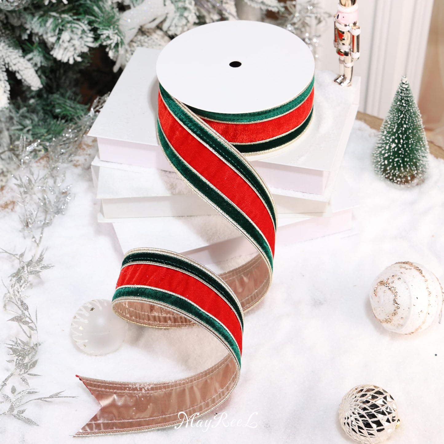 MAYREEL 2.5 Inch Christmas Velvet Ribbon with Wired Edge – Red & Green Double Color, 10 Yards Roll – Classic Holiday Craft, Wreath Supplies, Bows, Garlands, Gift Wrapping & Decoration