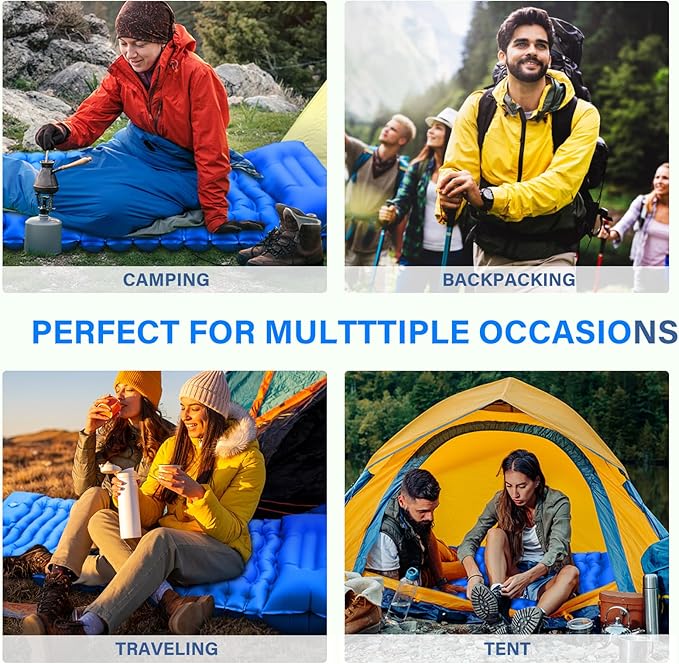 Camping Sleeping Pad with Pillow Built-in Foot Pump Inflatable Sleeping Mat Compact for Camping Backpacking Hiking Traveling - Blue