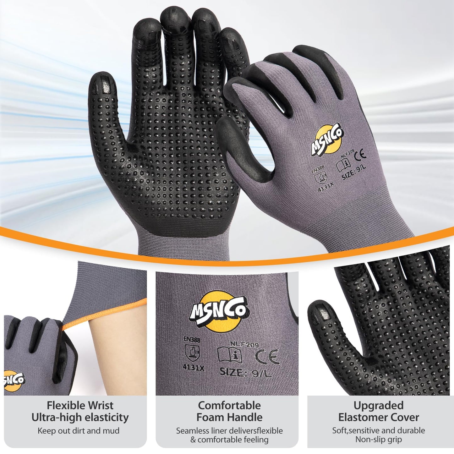 MSNCO Safety Work Gloves 6/12 Pairs Micro Foam Nitrile Coated Endurance Seamless Knit Nylon ,Wear-resistant mechanical gloves with raised dots L Bump
