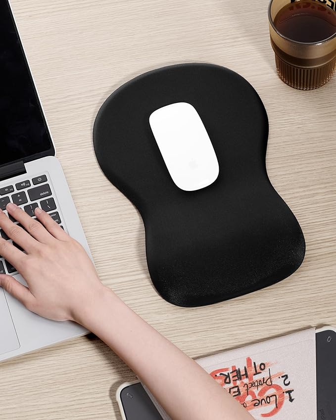Ergonomic Mouse Pad with Wrist Rest, Black Mousepad with Wrist Support for Desk, Non-Slip Hard Base Mouse Pads, Portable for Office/Home/Travel Work