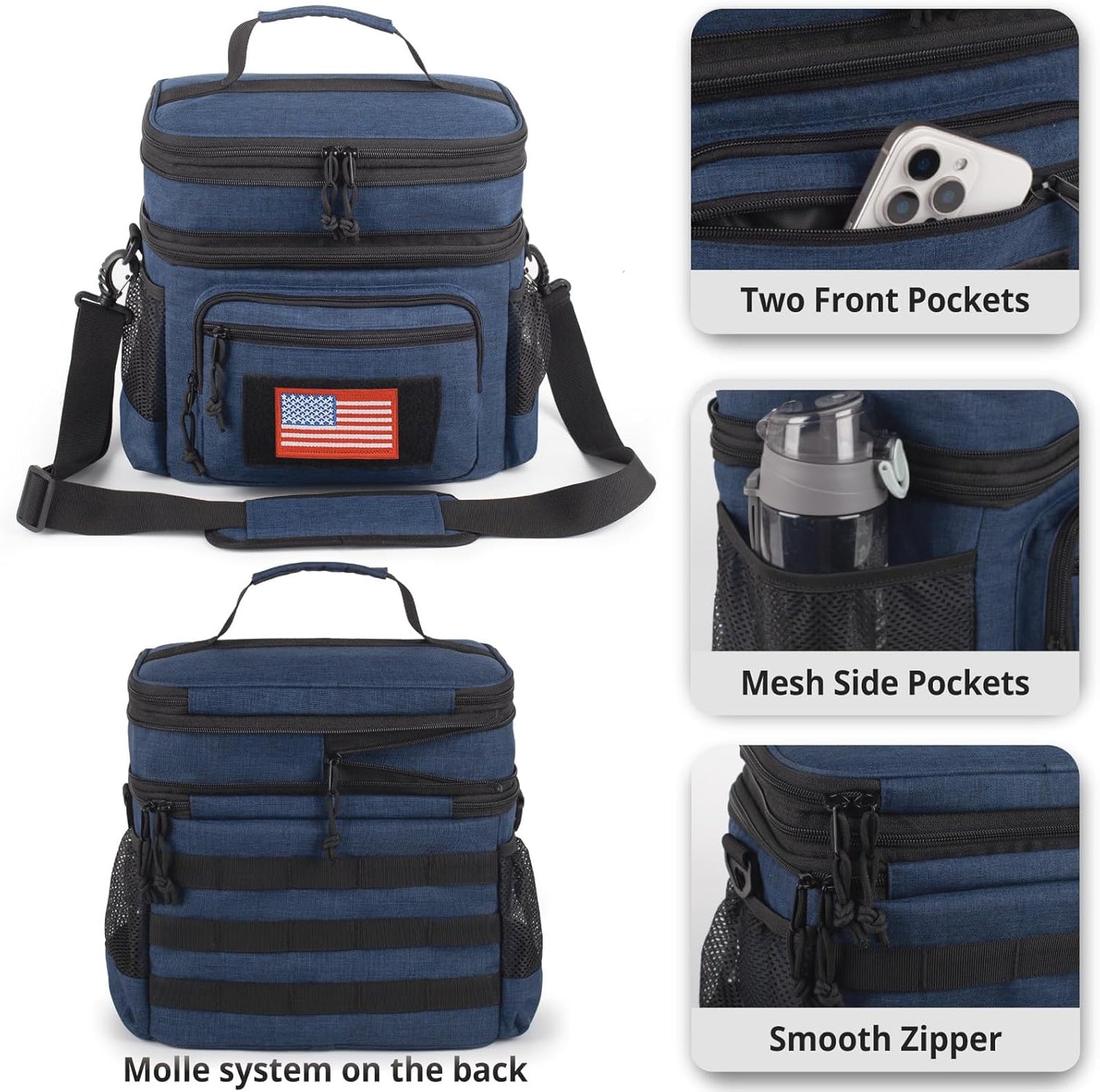 ATRIPACK Lunch Bag for Men, Double Deck Tactical Lunch Box Work with Shoulder Strap MOLLE Webbing Large Lunch Cooler Leakproof Insulated (Blue)