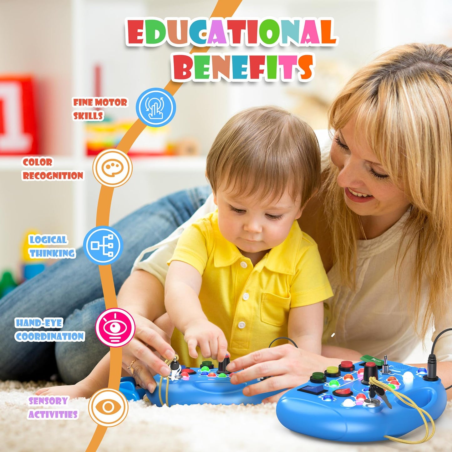 JIWORT Busy Board with LED Light, Montessori Busy Board for 1+ Year Old, Sensory Toys with Sound and Switches, Fidget Board for Kids Electronic Early Development Toys Boys Birthday (Blue)