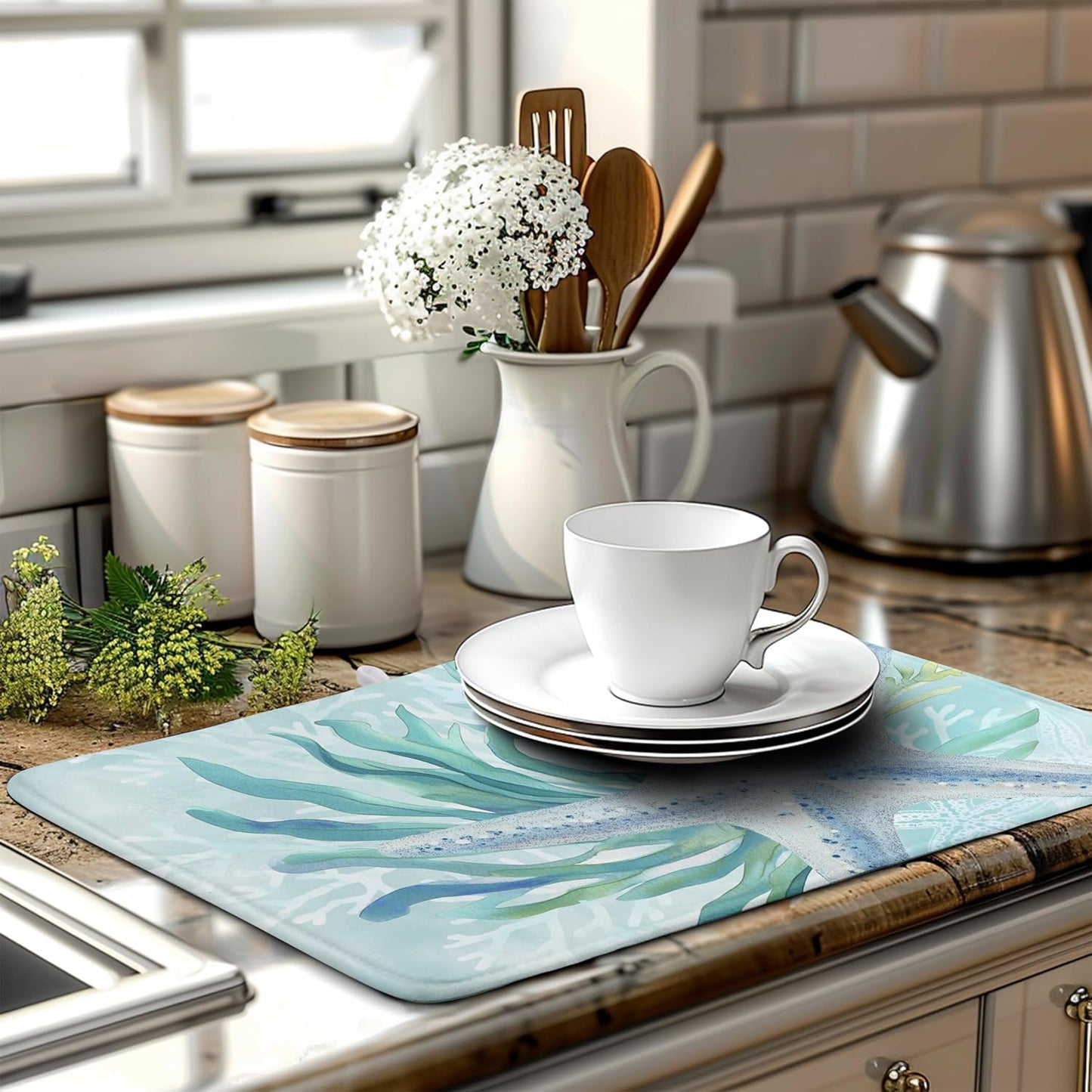 Summer Coastal Dish Drying Mats for Kitchen Counter Nautical Beach Starfish Coral Drying Pad Ocean Teal Blue Dish Draining Mats Absorbent Microfiber Dish Drainer Rack Mat Extra Large 18"x24"