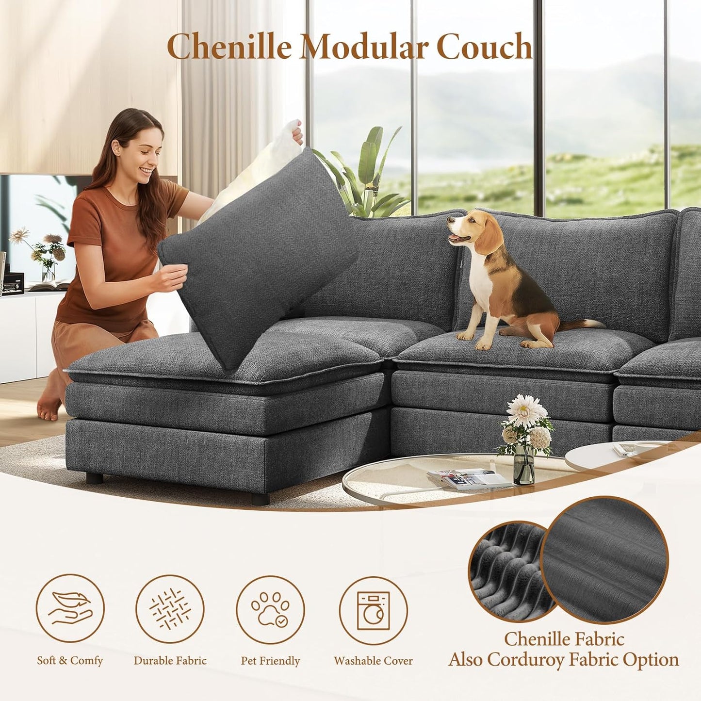 Vesgantti 108" U Shaped Sectional Couch, Comfy Cloud Modular Sectional Sofa with 2 Ottoman Deep Seat Chenille Modern Cloud Sofa, Modular Sofas for Living Room, Bedroom and Apartment, Gray