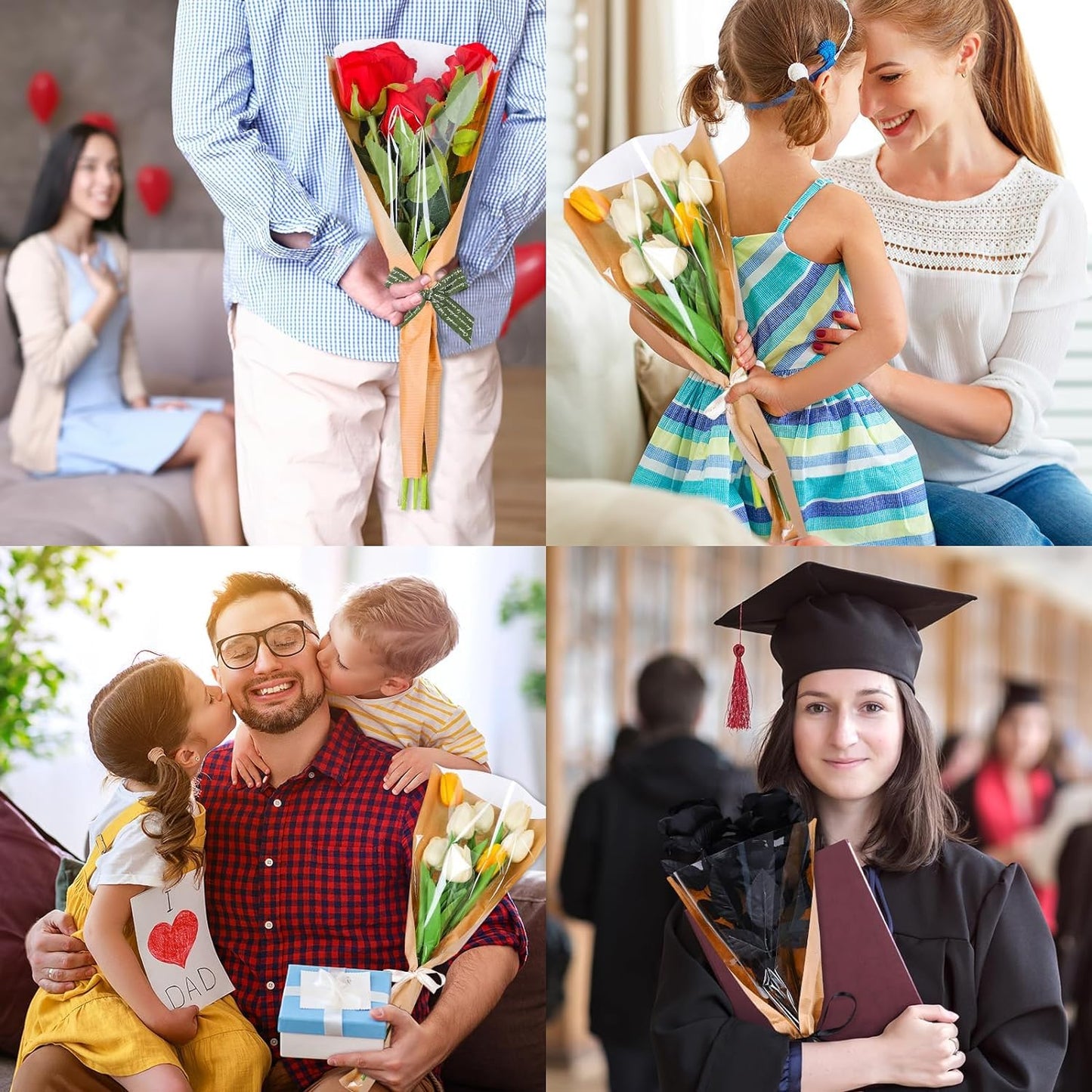 50Pcs Flower Wrapping Bags Kraft Paper with Ribbon Floral Packing Sleeves Bouquet Bags Clear Flower Wrapping Sleeves for Wedding Birthday Graduation Anniversary Mothers Day Gift, 9.8x3.9x17.9 Inch