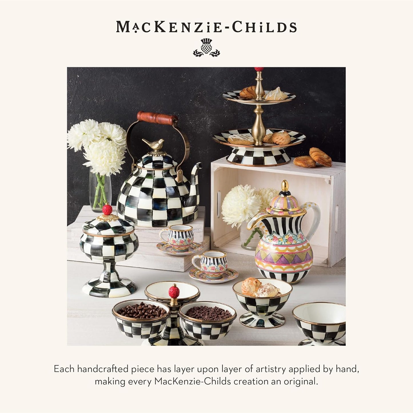 MACKENZIE-CHILDS Enamel Salad and Dessert Plate, Small Plate for a Dessert or Appetizer Dish, 8 Inches, Set of 4, Black-and-White Courtly Check