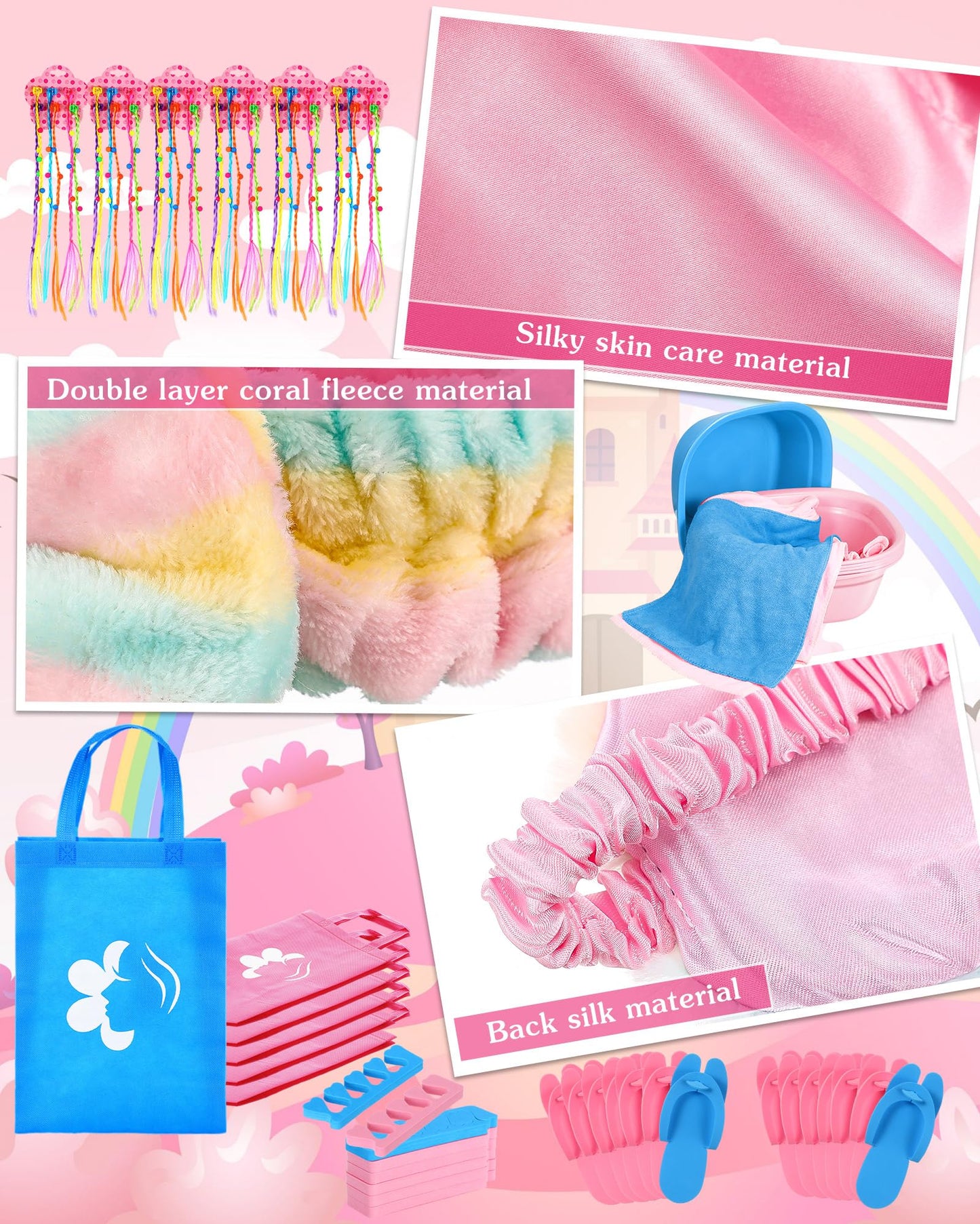 Suhine 6 Set Spa Party Supplies for Girls Kids 6 Satin Robes Spa Kit Sleepover Birthday Slumber Party Favors Nail Salon Pack(Peacock Blue, Pink)